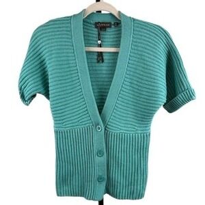 Repeat Anthropologie Blue Rib Short Sleeve Cardigan Sweater Womens Size 38 Small